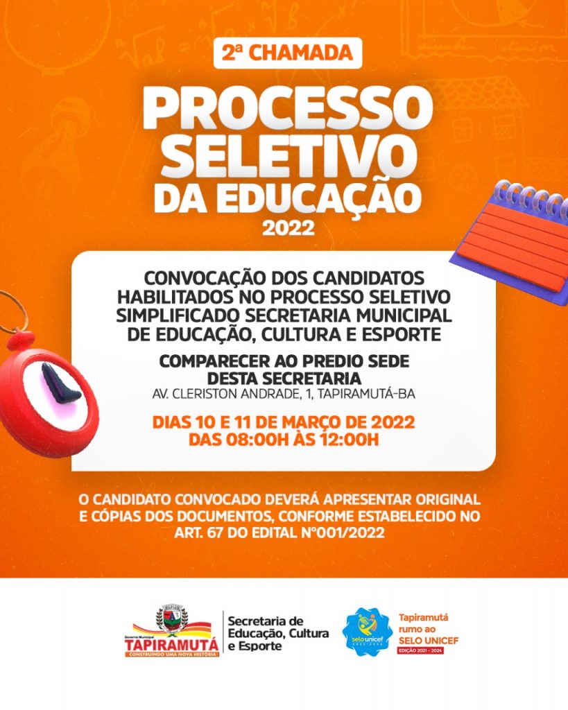 Educação faz 14ª Chamada do processo seletivo - PREFEITURA